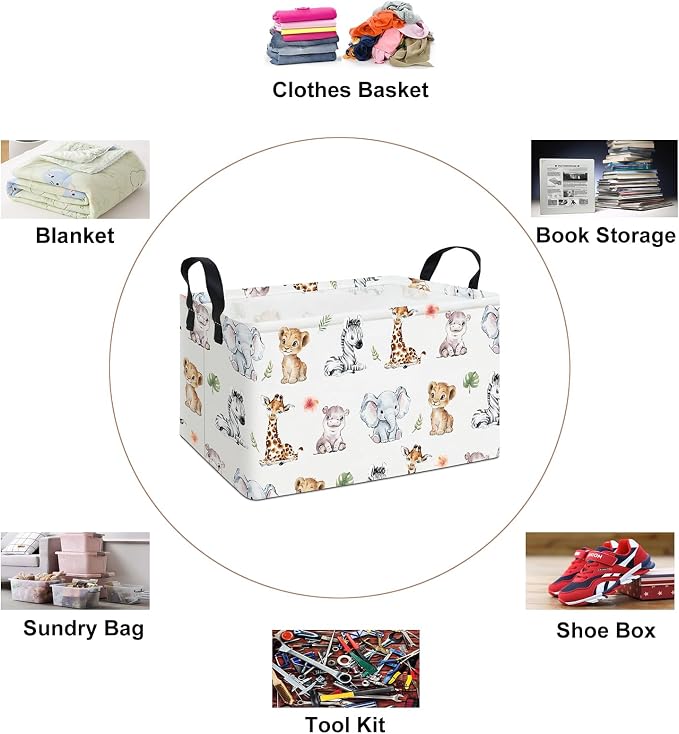 Rectangular Safari Animal Storage Bin, Fabric Closet Organizer Basket | Reinforced side grips, foldable container arranges wardrobe and bedroom daily belongings