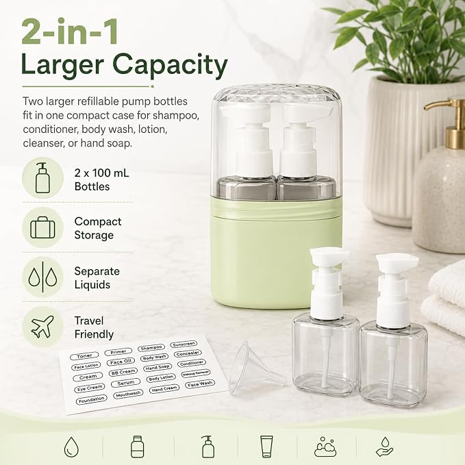 2-in-1 Travel Dispenser with 2 x 100 mL Bottles, Green | 2 refillable 100 mL bottles, pump , included label stickers, compact design for toiletries, travel, gym