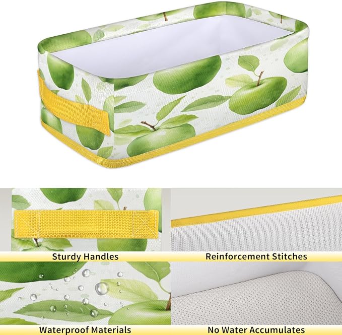 Green Apples Pattern Bathroom Storage Basket Waterproof Foldable Storage Bins with Handles Decorative Toilet Paper Storage Basket for Organizing for House Bathroom Toiletries Set of 2