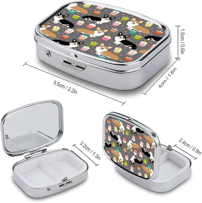 2 Compartment Square Pill Box Portable Metal Travel Pill Organizer | Cute Corgi Pet Pill Case to Hold Vitamins, Medication, Fish Oil and Supplements, Ideal for Purse & Pocket