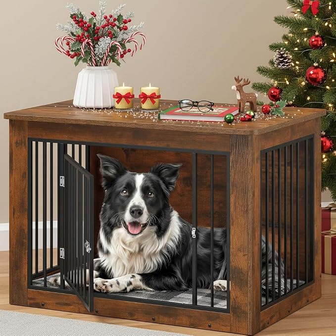 YITAHOME 38" Dog Crate Furniture 2-in-1 Iron-Wood Fusion up to 60 lb | Modern Dog Kennel Indoor Side End Table with Waterproof Top, Safety Corners, Steel Lock, Rustic Brown