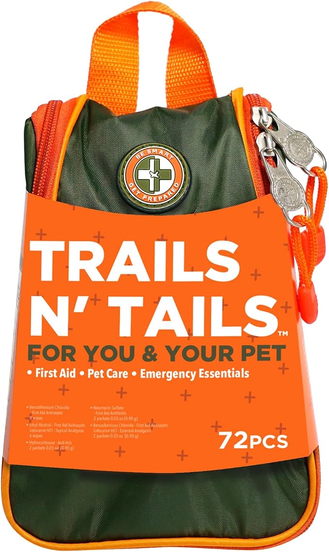 Be Smart Get Prepared Trails N' Tails First Aid for You & Your Pet | 72 Pieces - Pet Care & Emergency Essentials - Designed for Pets, Outdoor, Auto & Home - Compact & Portable