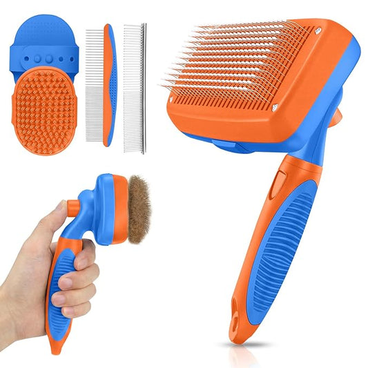 Self Cleaning Shedding Brush - 5-in-1 Professional Pet Grooming Kit Skin Friendly Grooming Tool for Dogs, Cats, and Puppies, Deshedding and Hair Removal for Long and Short Haired Pets,（Blue-Orange）