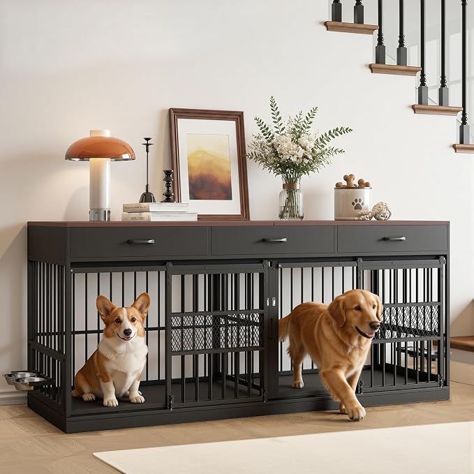 78.7" Extra Large Dog Crate Furniture TV Stand w/ 3 Drawers for 2 Dog | 2-in-1 crate & TV stand w/ removable divider. 3 drawers. 360° steel bowls. Heavy-duty, chew-proof. Fits large breeds.