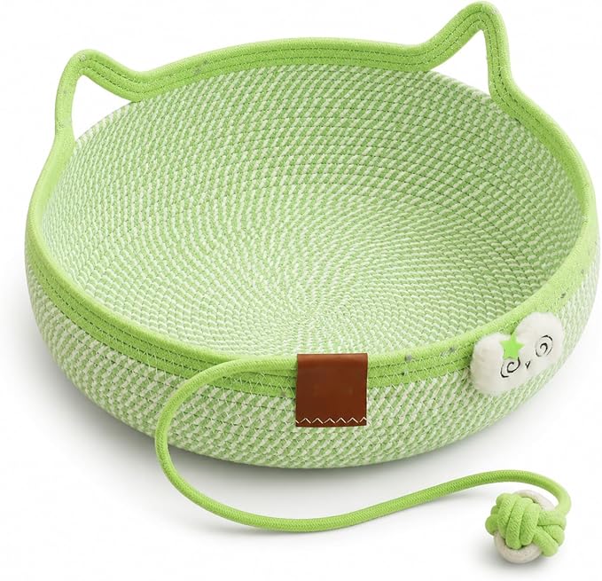 Cat Basket Bed with Cushion and Hanging Ball Toy, Handwoven Cotton Rope Cat Bed Basket, Boho Nesting Pet Bed for Kittens Puppies Scratchable Woven Cat Nest Lounger Sleeping & Playing，G：Small
