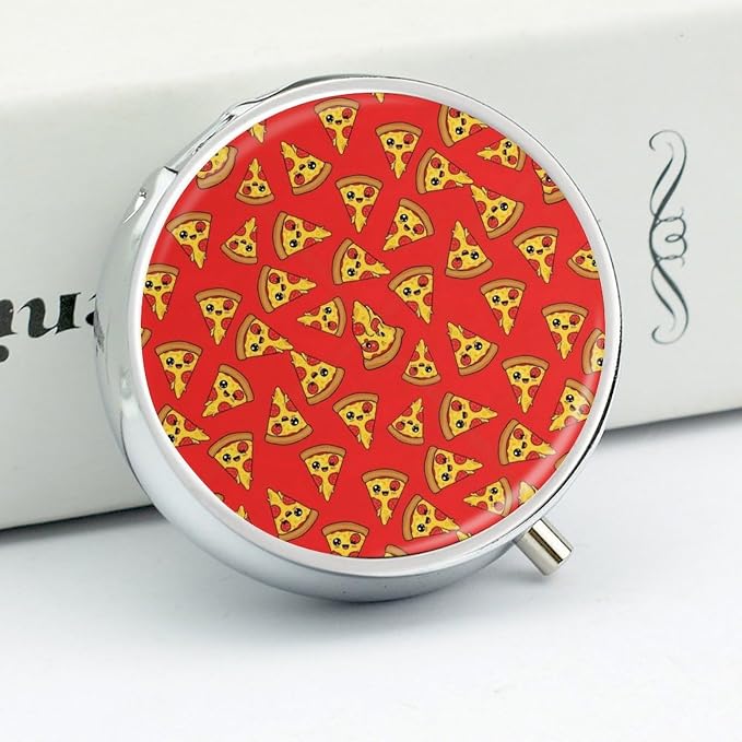 Round Purse Pocket Pill Box Red Cheese Pizza Painting 3 Compartment, Portable Metal Pill Case for Travel Fish Oil Vitamins