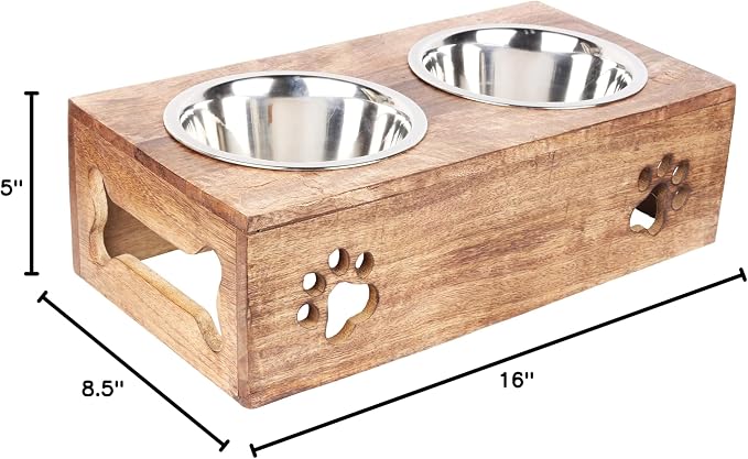 Wooden Dog Cat Pet Feeder Station Stand with 2 Stainless Steel Bowls | Raised Cat Bowl Dogs Bowl Elevated Cat Dog | Pet Dining Table for Cats and Puppy | 16 x 8.5 x 5 Inches
