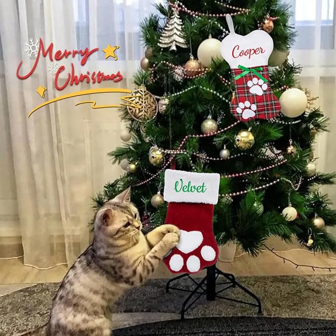 Personalized Christmas Stockings for Dogs Cats, Custom Pet Christmas Stockings with Embroidered Name, Pet Paw or Large Bone Xmas Stockings for Holiday Decoration (4 Pcs)