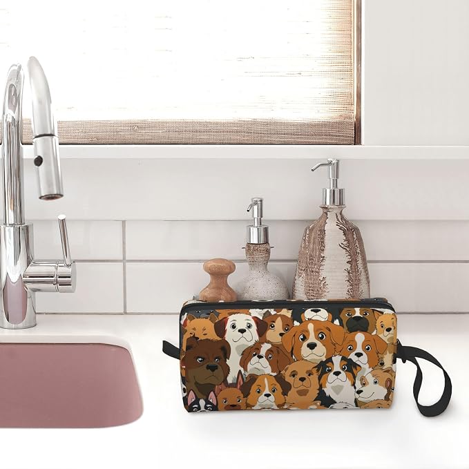 Cute Dog Faces Makeup Bag for Women with Wrist Strap | Durable 600D Oxford Fabric Cosmetic Organizer,Compact Travel Pouch with Handle for Gym & Daily Use
