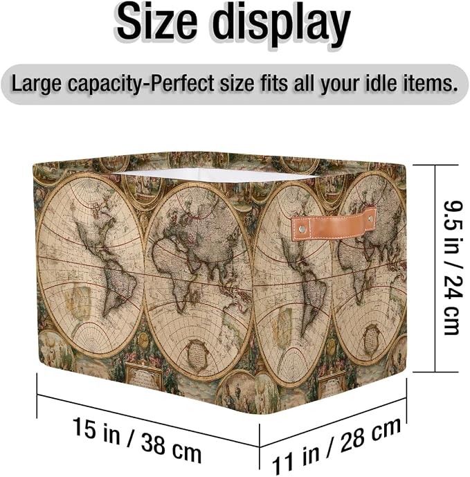 Globe Travel World Map Storage Basket Cloth Storage Cube Basket Bins | Collapsible Cloth with Handles Rectangular Toys Nursery Bedroom Home Office
