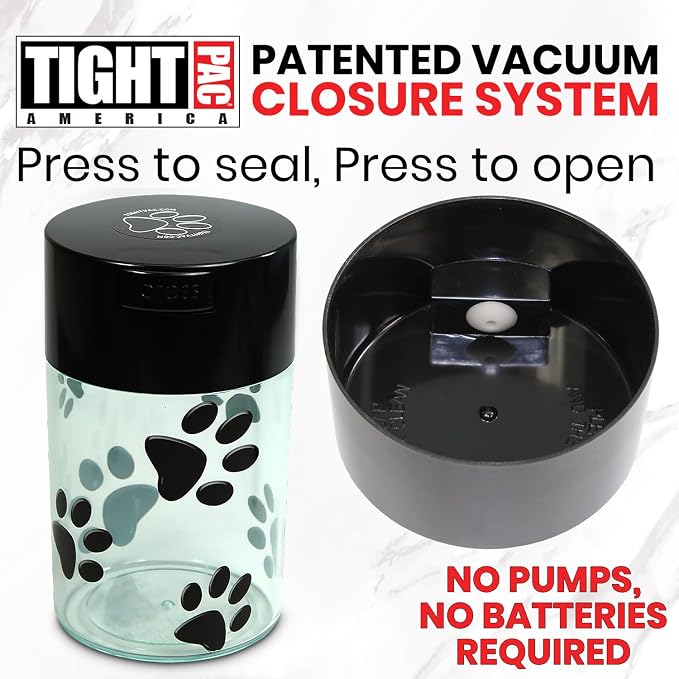 Pawvac 1 to 6 Ounces Container, Airtight Pet Food and Treats Storage Jar - Patented Vacuum Seal Container for Pet Food, Treats and other Dry Goods - Clear with Paws