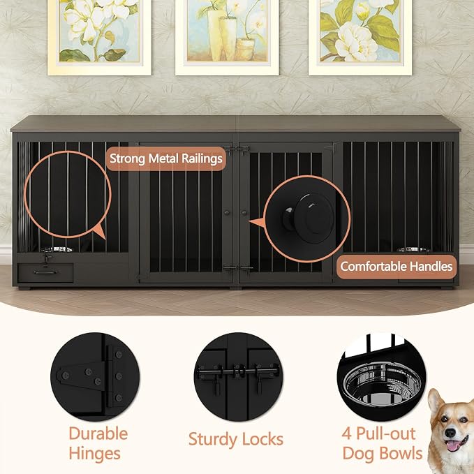 86.6" Large Furniture Style Dog Crate for 2 Dogs, Black | Heavy Duty Wooden Dog Kennel with Dog Bowl Drawers & Divider, Indoor Dog kennel House TV Stand for Large Medium Dogs