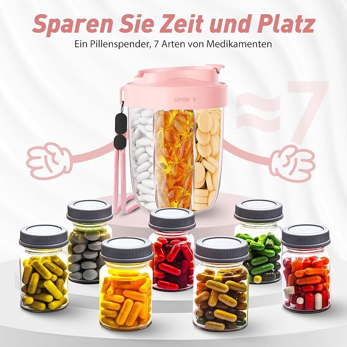 Tablet Box 7 Days in the Morning in the Evening | Round with 7 Large Subjects & Anti-Confusion Design | Width Opening, BPA-Free & Portable | for Medication, Vitamins, Fish Oil, etc. （Pink）