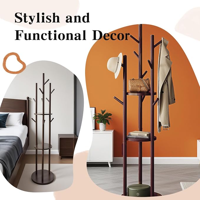 Wooden Freestanding Coat Rack with 9 Hooks&3 Rotating Storage Trays,Free Standing Coat Rack Tree with Rotatable Design,Coat Tree Freestanding for Hanging Clothes,Clothing Rack for Entryway Bedroom