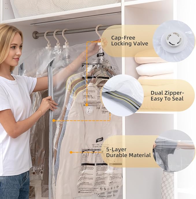 Hanging Vacuum Storage Bags, 6 Large Vacuum Pack Bags for Clothes Reusable Space Saver Bags Vacuum Compression Storage Bags for Winter Coats Wardrobe Coats, Suits & Dresses Garment 5-Ring Hangers | Vacuum Bag Clothing Vacuum Bag for Suits, Coats, Jacke...
