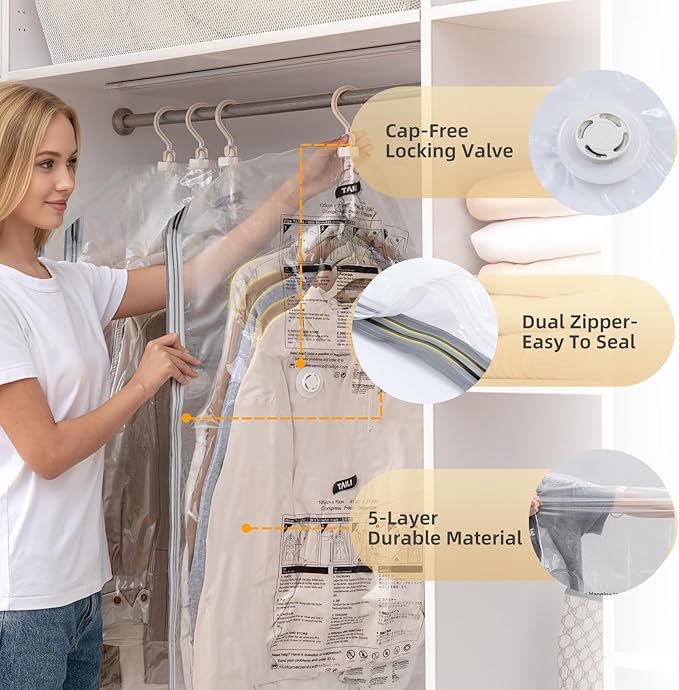 TAILI Hanging Vacuum Storage Bags for Clothes Space Saver 4 Combo Clear | Vacuum Seal Bags for Clothing Travel, Winter Clothes Storage Closet Organizers, Garment, Coats, Suits and Jackets