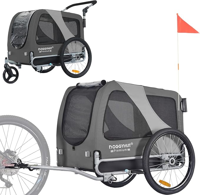 DOGGYHUT® Premium Large Pet Bike Trailer & Stroller Up to 77 lbs (Gray) | Bicycle Trailer for Small Medium or Large Dogs, Dog Bicycle Carrier, Low Center of Gravity, Folding Frame Cart