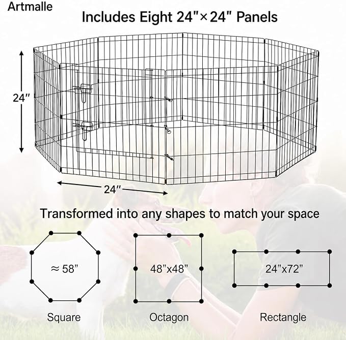 Puppy Pet Playpen 8 Panel 24 Inch Indoor Outdoor Metal Portable Folding Animal Exercise Dog Fence Ideal for Pet Animals Dog Cat Rabbit Breed Puppy (24" x 24" x 8) | Eight 24"W x 24"H black rustproof metal panels with built-in door, foldable tool-free d...