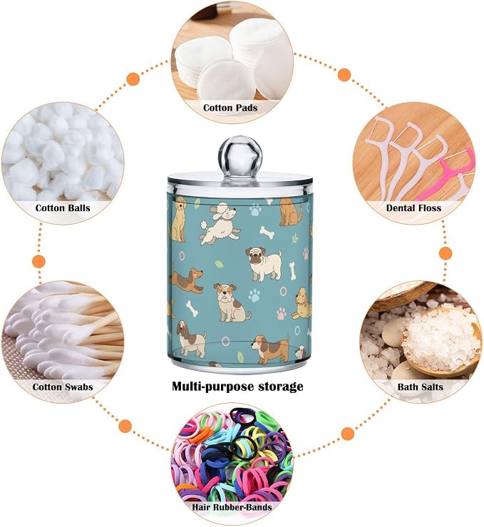 2 Pack Plastic Cotton Swab Ball Pad Holder Pets Blue Dogs Print Jars Bathroom Storage Organizer Bathroom Jars with Lid for Cotton Ball Swab Cotton Rounds Hair Clips