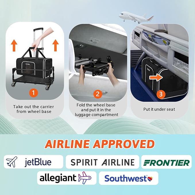 Small Pet Carrier 17"x12"x8.5" with Wheels Airline Approved, Black | for JetBlue/Frontier/Spirit Airlines, Lockable Safety Zippers and Anti-Scratch Mesh, Pets Under 8 lbs