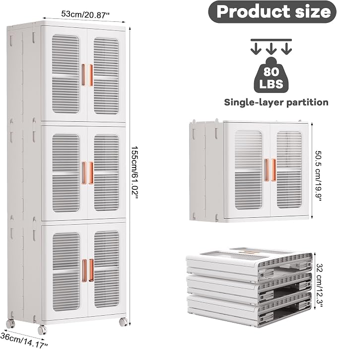 3-Tier Tall Narrow Plastic Storage Cabinet, Foldable | Rolling Organizer with Lid,Doors,Stackable, Adjustable Shelves, Durable PP,Freestanding Bathroom Cabinet for Small Slim Space