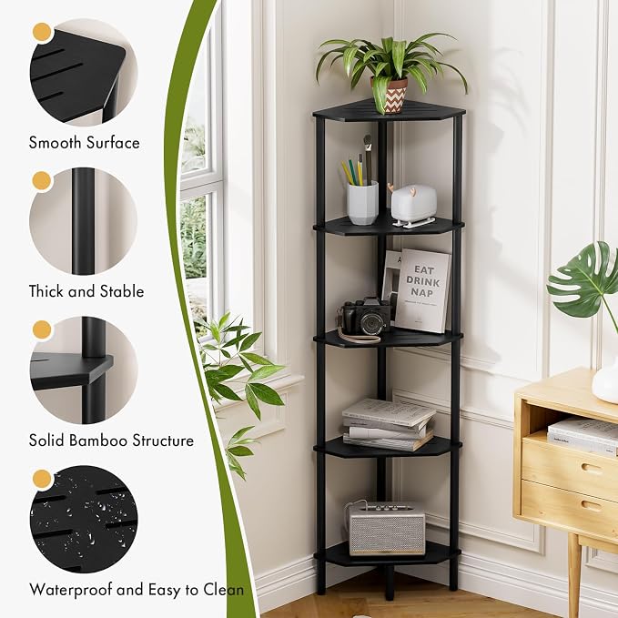 5-Tier Black Corner Shelf, Bamboo Corner Bookshelf, Indoor Plant Shelf, Kitchen Free Standing Shelf Storage Organizer, Tall Narrow Bookcase for Small Spaces, Bedroom, Living Room, Office