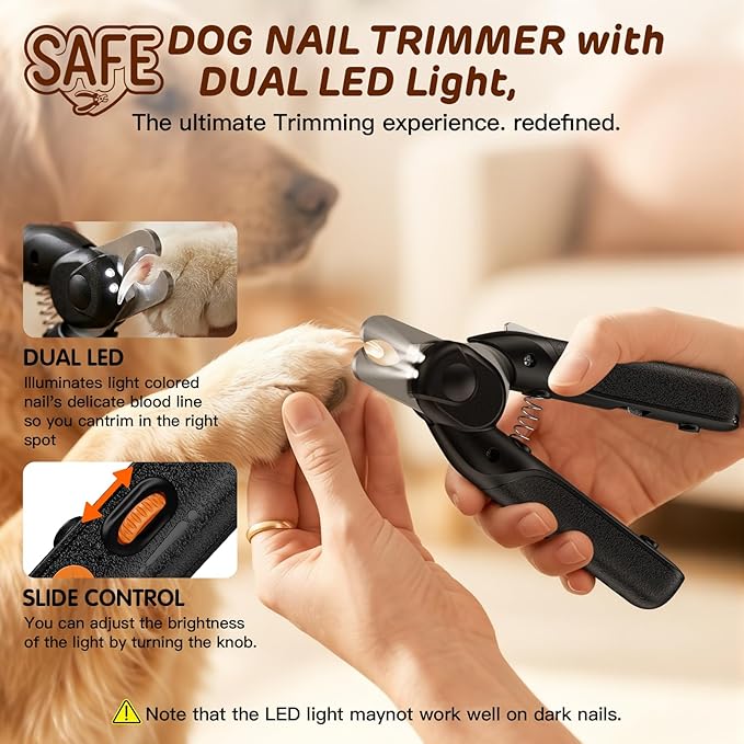 Dual-LED Pet Nail Clippers with Stepless Brightness Adjustment, Side Lock & Retractable File, Anti-Slip Handles for Dogs and Cats (Black)