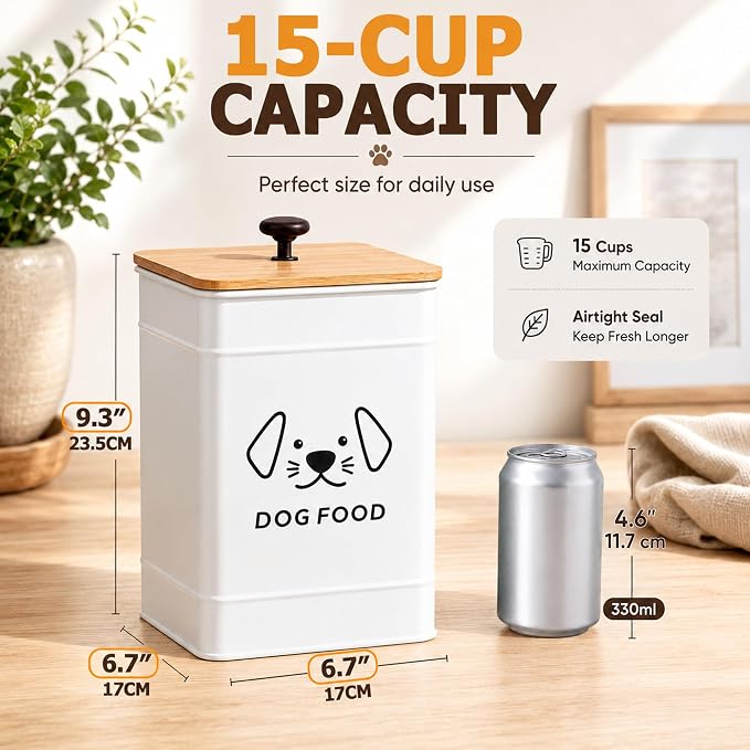 Dog Food Storage Container 25 Cups Airtight Metal Canister with Bamboo Lid | 5-7 lb Capacity, Pet-proof Lid Design, Durable Metal Body, Square Wide Opening, Pet Food Canister Dog Cookie Jar, White