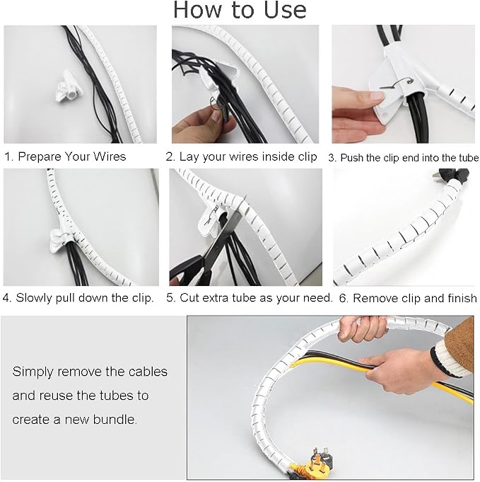 White Cable Organizer Cord Wire Cover Hider Sleeve Management 2 PCS, VIWIEU Clutter Free Coiled Tube Wire Concealer with Cable Tie Clips System for TV PC Computer Home Entertainment Wall