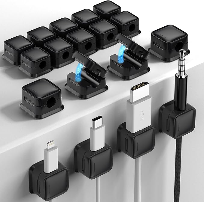 18 Pack Cord Organizer, Magnetic Cable Clips, Under Desk Management, Black | 0.27in Cable Compatible,Strong Adheive Wire Holder Keeper,Easy Open Phone Charger Holder for Home Car Desk Nightstand Office