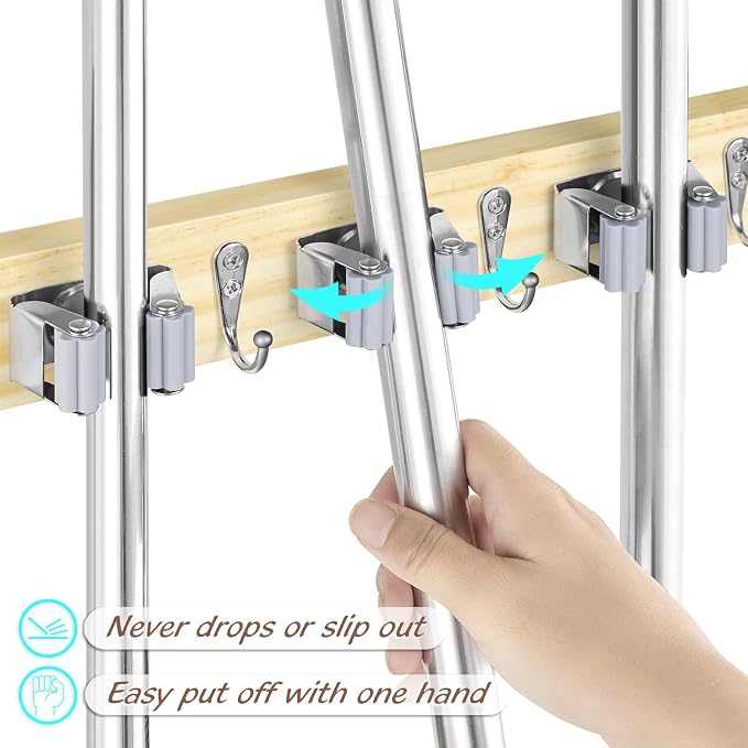 OUTNILI Mop and Broom Holder Wall Mount - Light Wood Broom Mop Hanger - Wall Mounted Garden Tool Rack Organizer for Closet Garage Laundry Room Kitchen With 4 Slots & 4 Hooks