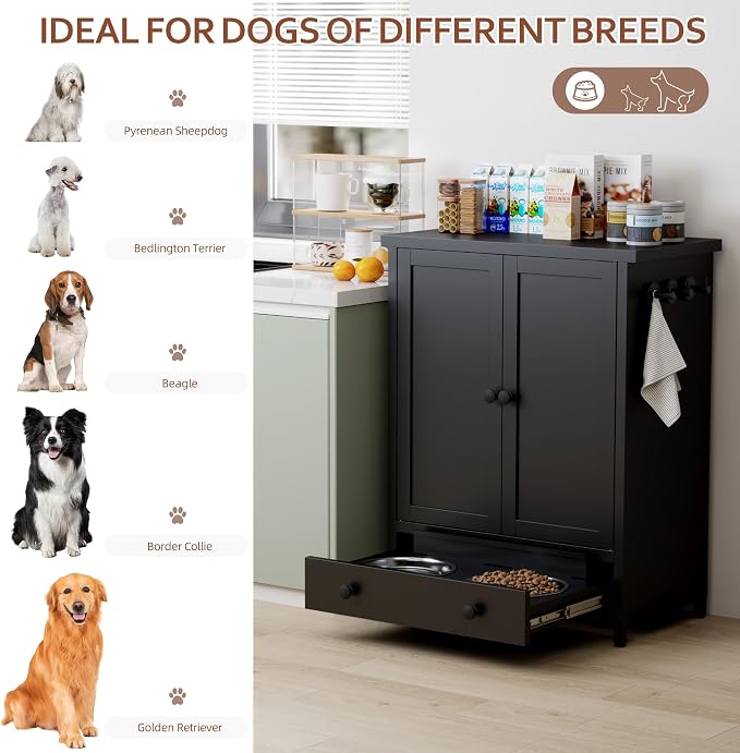 Dog Feeding Station with Storage, Metal Dog Food Storage Cabinet with 2 Elevated Bowls and 3 Hooks, Pet Feeding Station and Dogs Food Storage Organizer