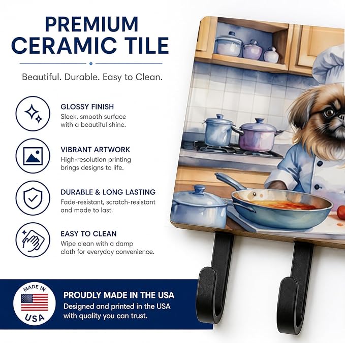 Caroline's Treasures Pekingese The Chef Leash or Key Holder Wall Hooks, Key Hooks Holder, Coat Rack Wall Mount, Coat Hooks, Hooks for Hanging Keys, Towels, Aprons, Leashes | Pekingese The Chef artwork on ceramic tile with three steel hooks for keys, le...