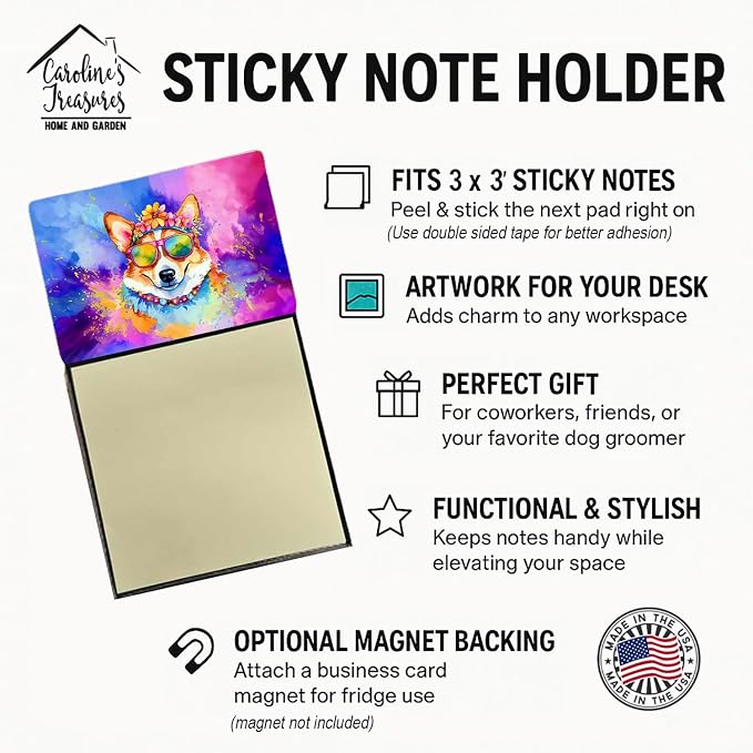 Caroline's Treasures Corgi Hippie Dawg Sticky Note Holder Refillable Dispenser Self-Sticky Note Pads, Memo Pads Blank Desk Accessories