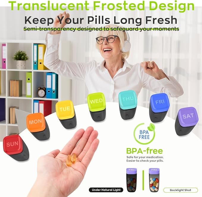 HIONXMGA Weekly Pill Organizer, Detachable 7-Color Pill Box, Easy Open | Portable Travel Pill Case Container for Daily Medication Easy Track, Privacy Protection, Built-in Quick Fill Design, Clear