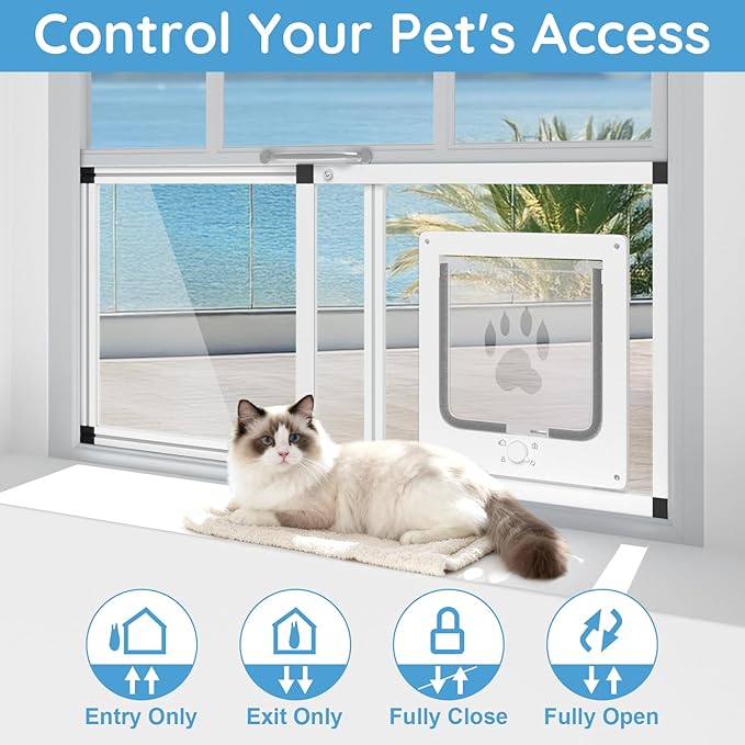 Extra Wide Sliding Cat Door for Window, Fits 37"-45" Width Window, 1-Min Install | Aluminum Frame + HD Glass | Weatherproof Design Window Cat Door Insert, Adjustable Pet Door Window for Cats