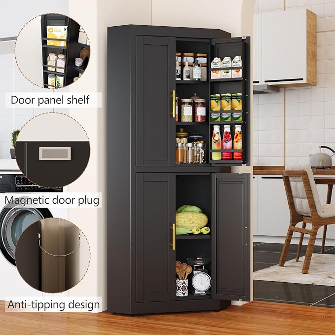 GAIOUS 63" Metal Corner Kitchen Pantry Cabinet, Food Storage Cupboard Black | Tall Steel Storage Cabinet with 4 Doors and 3 Shelves, Kitchen Food Cabinets with 6 Door Panel Shelves, Farmhouse, for Dining