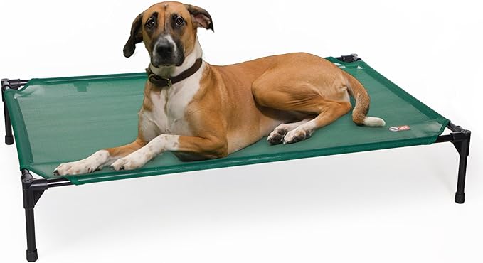 K&H Outdoor Elevated Dog Bed, Cooling Raised Dog Bed, Large 42x30in, Green | Pet Cot for Medium & Large Pets, Breathable Mesh 360 Hammock Design, Indoor/Outdoor Washable Cover, Portable Metal Frame