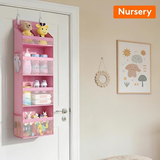 Lifewit 4 Tier Over the Door Organizer, Diaper Hanging Storage, Pink | Nursery Sturdy Large Heavy Duty Back of Door Shelf with 4 Mesh Side Pockets, for Baby Stuff Toy in Pantry, Laundry, Bathroom