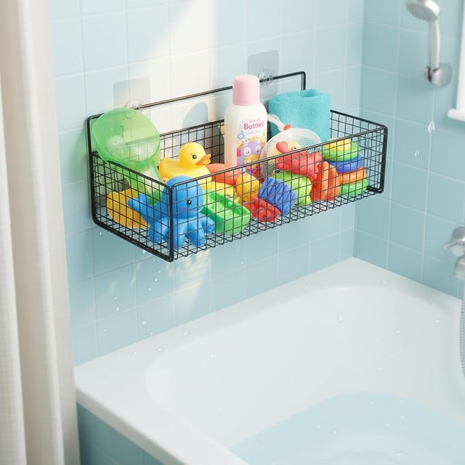 Bath Toy Storage, 2 Pack Metal Mesh Bath Toys Organizer for Bathtub Wall & Shower, Large Capacity Shower Toys Holder with Rustproof Hanging Basket Design for Restroom, Toilet, Bathroom, Kitchen-Black