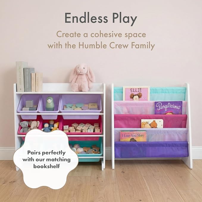 Humble Crew Kids Toy Organizer with Display Shelf, 9 Bins, 3 Tier Storage | Sturdy wood and steel toddler shelf, removable BPA-free containers, wall anchor anti-tip safety kit for bedroom or classroom