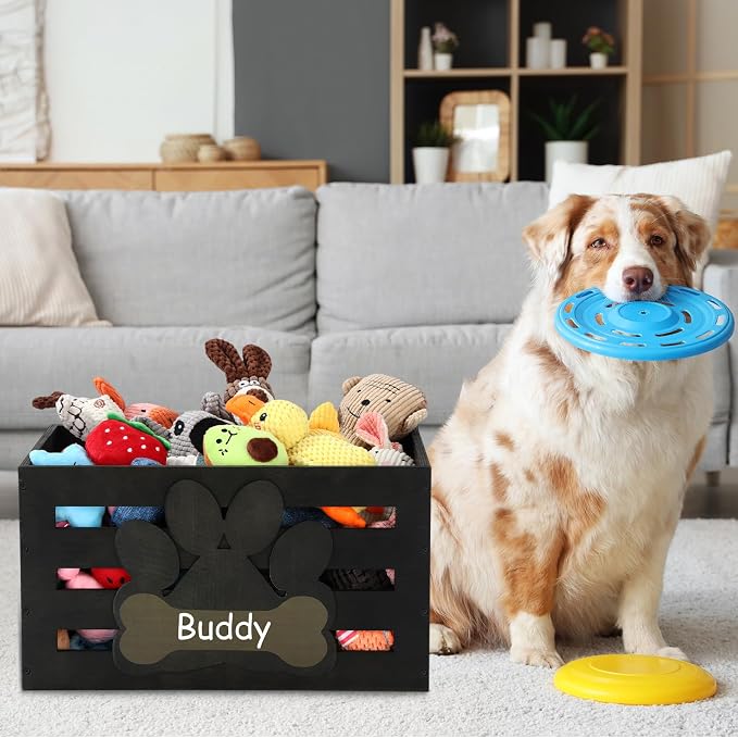 Cinnvoice Large Dog Toy Basket Wood Dog Toy Bin Storage Baskets Box with Handles and Label Position Design Large Organizer with Paw Pattern Print for Pets Toys Food Blankets Clothes 18"x12"x10"