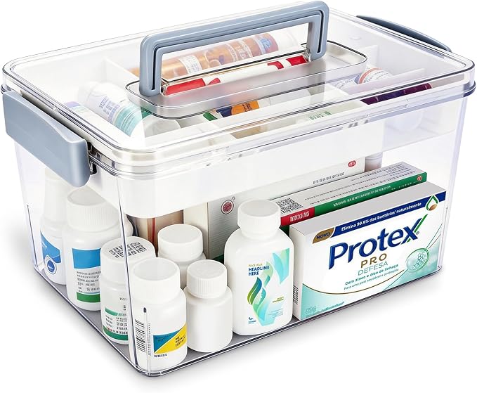 Plastic Medicine Storage Organizer & First Aid Box, Medicine Box with Handles, Multipurpose Medical Supply Organizer with Removable Tray for Home, Office & Travel (X)