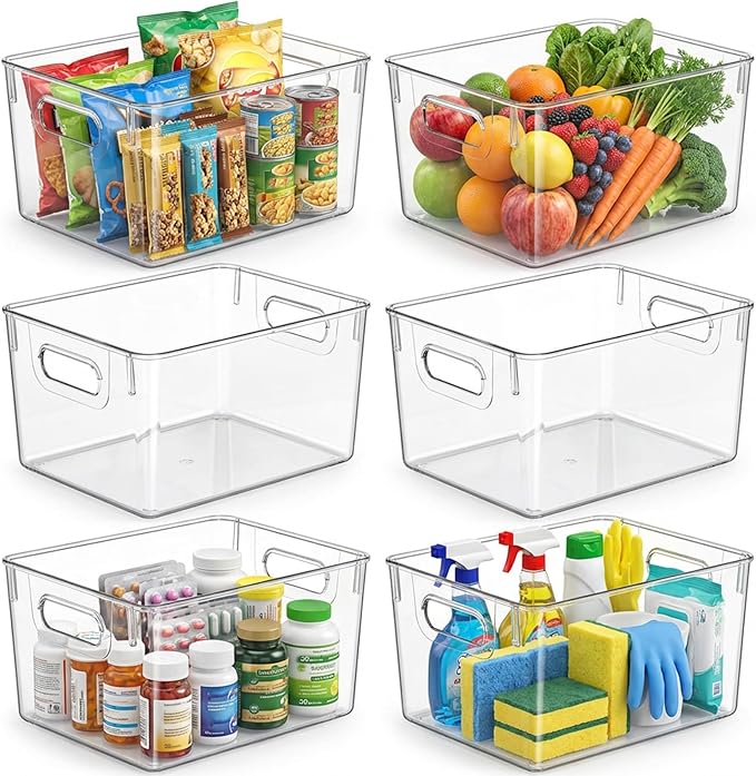 MOONEDGE 6 Pack Clear Organizer Bins 11x8x6in Pantry Organizers and Storage | Clear Containers for Organizing, Plastic Storage Bins with Handles for Drawer, Craft, Fridge, Kitchen Cabinet Shelf