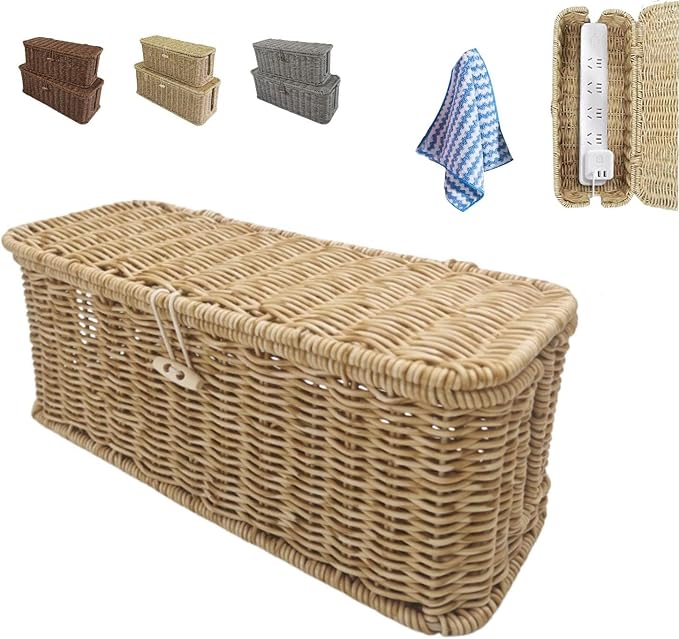 Handwoven Rattan Cable Management Box - Decorative Cord Organizer with Safety Lock, Large Boho Style Wire Hider for Desk, TV & Floor, Heat-Ventilated Power Strip Cover for Pet Proofing (#C, L)