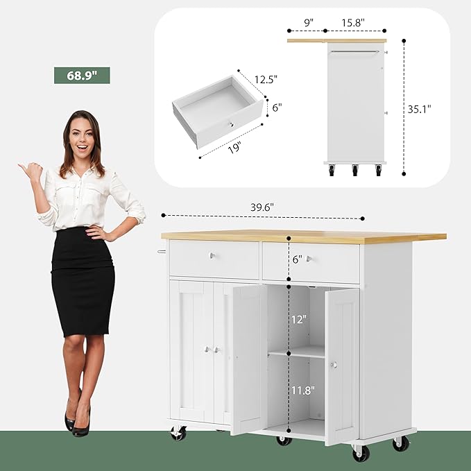 JY QAQA 39" Rolling Kitchen Island Cart on Wheels, Mobile Storage Cabinet with 2 Drawers & Double Door Cabinet, Cart Handle for Towel Rack or Free Mobility, Portable Islands for Kitchen, White