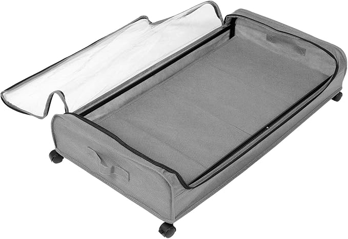 Bed Storage Drawer with Wheels and Lid, Large Gray Metal Frame Organizer with Fabric Base, Rolling Clothes and Shoe Storage for Small Bedrooms and Pet