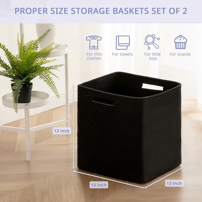 OIAHOMY 2 PACK Cube Storage Bin 13 Inch Collapsible Storage Cube Black | Cube Storage Organizer Storage Bins for Shelves Baskets for Organizing Woven Rope Storage Baskets
