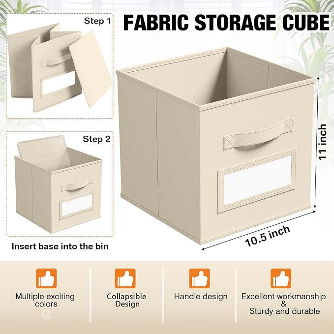 Teenyyou 10 Pack Fabric Storage Cubes 11 Inch Collapsible Cube Bins with Label Window & Handle Foldable Organizers Baskets for Shelf Closet Nursery Kids Room Clothes Book Toy(Beige)