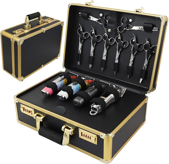 Barber Case Clipper Bag Gold, Hair Kit Tool Box Aluminum Organizer with Portable Handle and Secure Numlock for Scissors, Clippers, Barber Supplies 15.7" x 12" x 6.1"